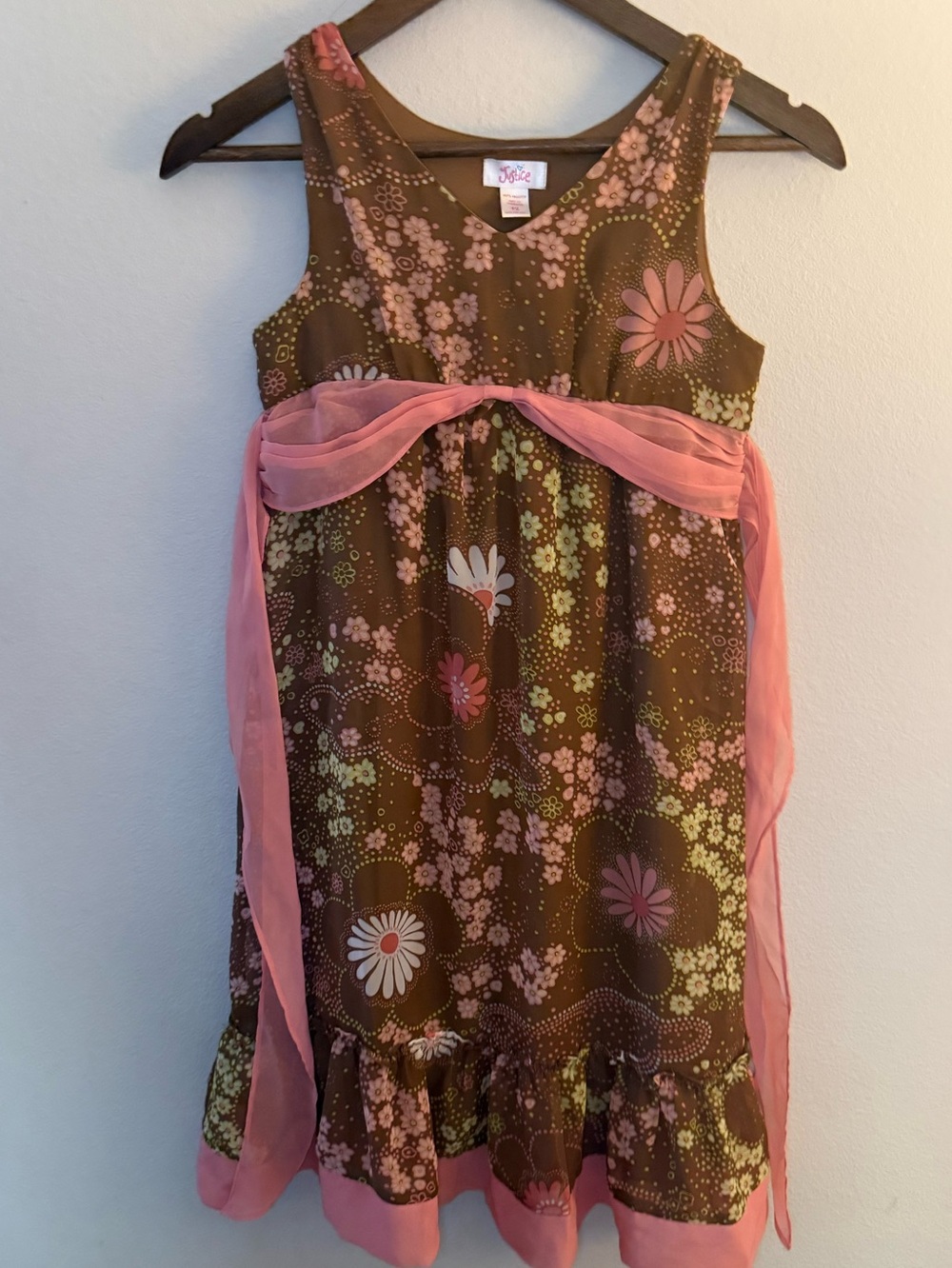 Justice Brown Floral Dress with Pink Sash